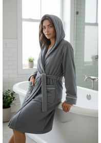 Resim % 100 Pamuklu Laodikeia Kapşonlu Unisex Kadın Erkek Bornoz Gri 