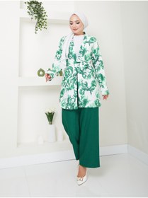 Resim VOLT CLOTHİNG Kadın Çiçek Desenli Kapamasız Kuşaklı Kimono Takım 