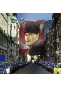 Resim Mavi Gözlü Kalpaklı Gazi Mustafa Kemal Atatürk -ay Yıldız Türk Bayrağı Cephe Poster Bayrak-4x6 Metre 1 