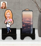 Resim Bk Gift Kişiye Özel Kadın Chef Karikatürlü Ahşap Biblo Telefon Standı-1 