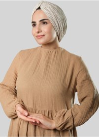 Resim Hürrem Bone Bej Çapraz Büzgülü Piliseli Tesettür Bone Fukuro Kendinden Desenli 2316 12 Bej 