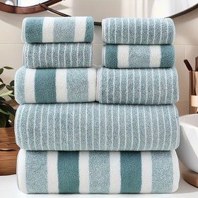 Resim 8 adet Geniş ve Dar Çizgiler Seti, 2 El Havlusu ve 2 Banyo Havlusu, 4 Yüz Havlusu, 8 adet Havlu Seti, Açık Hava Havluları, Kamp Havluları, Yürüyüş Havluları, İş Havluları, Spa, Ayak Masajı, Ter Nemlendirici, Banyo, Otel ve Diğer Kulüp Temizlik Malzemeleri için Uygun, Süper Yumuşak Kalın Banyo Havluları, Emici Hızlı Kuruyan Banyo Havluları 