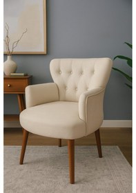 Resim Azra Mobilya Modern Berjer Tekli Koltuk Krem Babyface Kumaş, Ceviz Ayak, Salon, Oturma Odası, Balkon İçin Ekru 