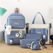 Resim 5'li Kawaii Okul Çantası Seti Mavi & Bej - Dayanıklı Oxford Sırt Çantası Peluş Ayı, Moda Rozeti, Bozuk Para Cüzdanı, Kalem Kutusu & İpli Çanta - Genç Kızlar & Erkekler, Üniversite & Seyahat Gereksinimleri, Okul Sırt Çantası için İdeal 