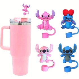 Resim DISNEY Ürünü - 1 Adet Disney Stitch Sevimli Karikatür Saman Kapağı - Yeniden Kullanılabilir Plastik Kapak İçin İçecek Pipetleri ve Şişe Parti Süslemeleri 
