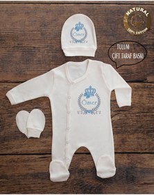 Resim yzc home size dair... E116 T Ekru Renk Isme Özel Isimli Baskılı Bebek Tulum Şapka Eldiven Set Hastane Çıkış 