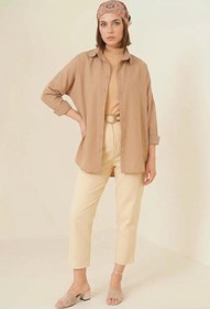 Resim MORADO SE SIENTE PERFECTO Kadın Oversize Kesim Basic Pamuklu Camel Tesettür Gömlek 