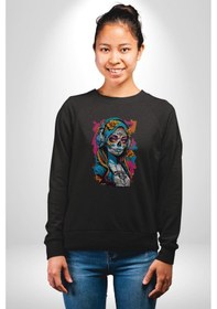 Resim Kulaklık Müzik Dinleyen Kız Unisex Siyah Baskılı Sweatshirt Siyah 