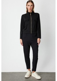 Resim On Kadın Cep Detaylı Dik Yaka Eşofman Üstü 66509 Siyah Siyah 