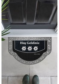Resim Yarım Ay Modeli Hoş Geldiniz Yazlı Çiçek Desenli Kapı Önü Paspası Gümüş 