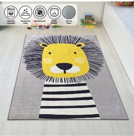 Resim Çocuk Bebek Halısı Sevimli Aslan Desenli Gri Halı Yıkanabilir Kaymaz Taban Gri 