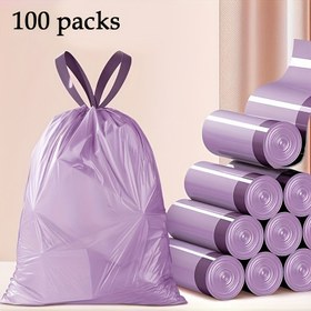 Resim 100 adet çekme ipi mor çöp torbası, yüksek kaliteli plastik çöp torbası, renkli çöp torbası, mutfak, banyo, yatak odası, oturma odası ve ev kullanımı için uygun - taşınabilir atık 