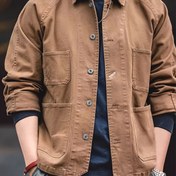 Resim Erkek Vintage Pamuk Ceket, Casual Tek Renkli Kısa Uzunluk, Bol Uygunluk ile Çoklu Cebi, Uzun Kollu Raglan Kolu, Tek Düğmeli Kapanış, Dokuma Pamuk Astar, Esnek Olmayan Kumaş, Yaka Kollu - Outdoor Çok Yönlü Üst 