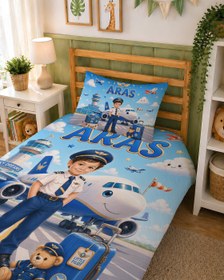 Resim Evmila Karikatüristik Pilot Çocuk Temalı Nevresim Takımı - 200x220 cm Nevresim ( Çift Kişilik Özelleştirilmiş ) + 50x70 cm Yastık Kılıfı 2 Adet 