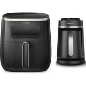 Resim Büyük Kapasiteli Airfry ve Tekli Kahve Makinesi, Şık Siyah Tasarım 