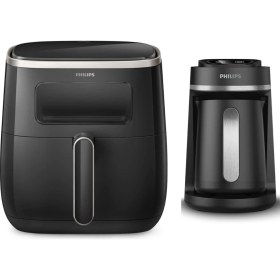 Resim Büyük Kapasiteli Airfry ve Tekli Kahve Makinesi, Şık Siyah Tasarım 