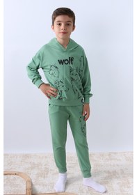 Resim Hçm Erkek Çocuk Kapşonlu Eşofman Takımı 4 Mevsim Wolf Baskılı Ribanalı F12 Yeşil 