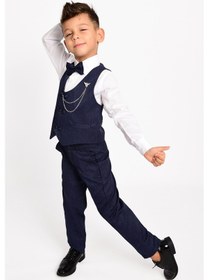 Resim Merdia Kids Erkek Çocuk Smokin Takım Elbise Gömlek, Pantolon, 6 Düğmeli Yelekli, Papyonlu, Zincirli Lacivert 