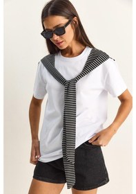 Resim Shade Kadın Çizgili Şal Detaylı Relaxed Basic T-shirt 7679 60286112 - Beyaz 