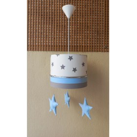 Resim Beyaz Gri Mavi Yıldızlı Sarkıtlı Kumaş Kaplama Çocuk Odası Genç ve Bebek Odası Avize Aydınlatması Sarkıt 