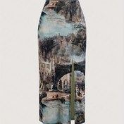 Resim Kadınlar İçin Vintage Yağlı Boya Baskılı Dar Kesim Etek - Yan Yırtmaçlı Tie-Dye Sanatsal Tasarım, Makinede Yıkanabilir Yarı Şeffaf Kumaş, Tüm Mevsimler İçin Zarif Stil ve Formu Vurgulayan Siluet 