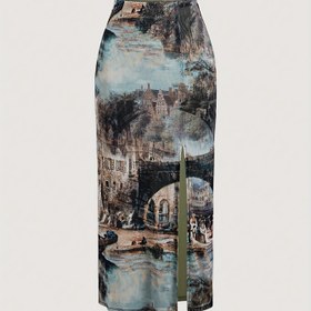 Resim Kadınlar İçin Vintage Yağlı Boya Baskılı Dar Kesim Etek - Yan Yırtmaçlı Tie-Dye Sanatsal Tasarım, Makinede Yıkanabilir Yarı Şeffaf Kumaş, Tüm Mevsimler İçin Zarif Stil ve Formu Vurgulayan Siluet 