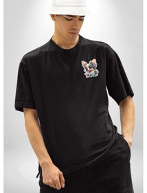 Resim Chihuahua Köpek Siyah Oversize Unisex Ön Sol Yan Minimal Baskılı Tişört Koyu Siyah 