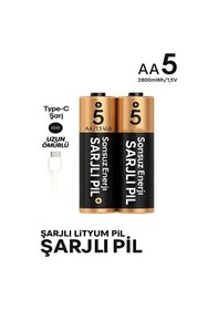 Resim Exenar - Siyah - Şarjlı Kalın Kalem Pil Aa Şarj Edilebilir Pil 1.5v 2800mwh Lityum-ion Kalın Pil Aa 5 Type-c Şarjlı 