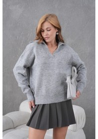 Resim Park Karon Kadın Gri Polo Yaka Oversize Yarım Pat Yumuşak Dokulu Triko Kazak 8585sw Gri 