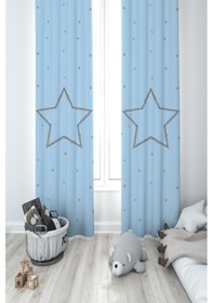 Resim Mekta Home Bebek Ve Çocuk Odası Büyük Gri Yıldız Desenli Mavi 2 Kanat Fon Perde 