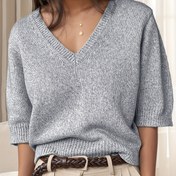 Resim Kadın Şık V Yaka Kazak - Yumuşak Kazak Üst, Şık Ofis & Günlük Kombinler - İlkbahar/Sonbahar Geçiş Kıyafetleri - FAN FLO Kadın Kazak, İlkbahar Modası, Fitilli Doku, Rahat Malzeme, Tarz Bluz, Günlük Giyim 