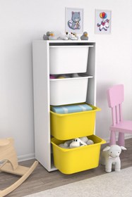 Resim Cara 4 Derin Sepetli Çok Amaçlı Oyuncak Dolabı Sarı Beyaz 