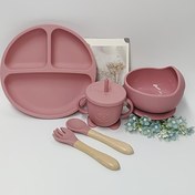 Resim 5 adet, Silikon Beslenme Aracı Seti, BPA'sız Tabaklar, Büyük Emme Kupası Kaplar, Pipetli Bardak, Ahşap Saplı Kaşık ve Çatal, Güvenli ve Zararsız, Biberonsuz Beslenme Eğitimi Seti, BPA'sız 