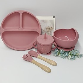 Resim 5 adet, Silikon Beslenme Aracı Seti, BPA'sız Tabaklar, Büyük Emme Kupası Kaplar, Pipetli Bardak, Ahşap Saplı Kaşık ve Çatal, Güvenli ve Zararsız, Biberonsuz Beslenme Eğitimi Seti, BPA'sız 