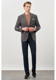 Resim İmza Füme Ekose Desen Bez Ayağı Mono Yaka Tam Astar Esnek 6 Drop Slim Fit Classic Ceket 1002245160 Füme 