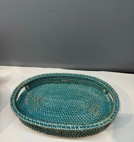 Resim Dekoratif Polyester Hasır Tepsi Turkuaz-gold Eskitme 