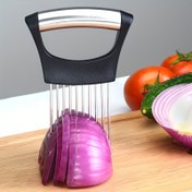 Resim Paslanmaz Çelik Soğan Tutucu Dilimleyici - Ergonomik Tutma Sapı, Soğan, Domates, Patates Dilimlemesi İçin Güvenli ve Kolay Mutfak Aleti | Kaymaz Tutuşlu Çok Amaçlı Pişirme Yardımcısı 