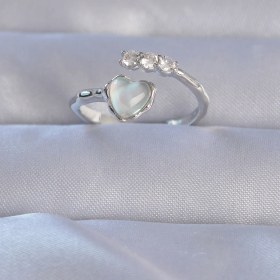Resim Pirinç Gümüş Renk Zirkon Taşlı Sedefli Kalp Model Ayarlanabilir Yüzük Diğer 