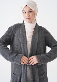 Resim lovebox Kadın Antrasit Triko Kumaş Çift Cep Tasarım Şal Yaka Uzun Tesettür Giyim Hırka 5001 