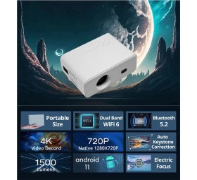 Resim Taşınabilir 1080P Projeksiyon Cihazı, Bluetooth, Wi-Fi, Android 11, Tripod, Beyaz 