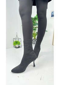 Resim Günlük Kadın Bot Yüksek İnce Topuklu Triko Esnek Sivri Burunlu Tırtıklı Taban Rahat Bootie 170 Siyah 