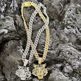 Resim Sky Talent Bao Erkekler için Iced-Out Kaplan Baş Kolye - 14mm Geniş Küba Zincir, 18K Altın Kaplama Alaşım ve Yapay Kristal Detaylar, Cesur Hayvan Temalı Takı | Yüksek Kaliteli Bitim 
