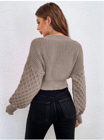 Resim Aqe Fashion V Yaka Örgü Desenli Triko Crop Vizon Hırka VIZON 