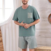 Resim Erkekler için yaz modası kısa kollu tişört ve çizgili şort takım elbise, spor giyim, erkek pijama, günlük giyim - 2 parça set 