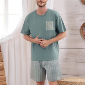 Resim Erkekler için yaz modası kısa kollu tişört ve çizgili şort takım elbise, spor giyim, erkek pijama, günlük giyim - 2 parça set 