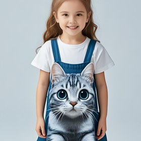 Resim Kızlar için sevimli 3D kedi ve dinozor desenli elbise - Kısa kollu, hafif dokulu, rahat yaz elbisesi "Meow" tasarımı ile, rahat fit, rahat yaz kıyafeti|Oyuncağı tasarımı|Rahat fit, kız elbisesi 