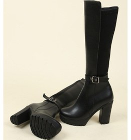 Resim Strech Garnili Tokalı Topuklu Çizme Siyah-siyah Siyah 