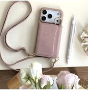 Resim Topnotch Pembe iPhone Uyumlu 16 Pro Çok Amaçlı Lichi Desenli Kartlık Aynalı Üçlü Cüzdan 