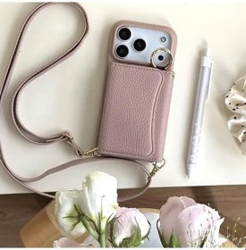 Resim Topnotch Pembe iPhone Uyumlu 16 Pro Çok Amaçlı Lichi Desenli Kartlık Aynalı Üçlü Cüzdan 