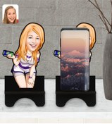 Resim Bk Gift Kişiye Özel Kadın Karikatürlü Ahşap Biblo Telefon Standı-36 